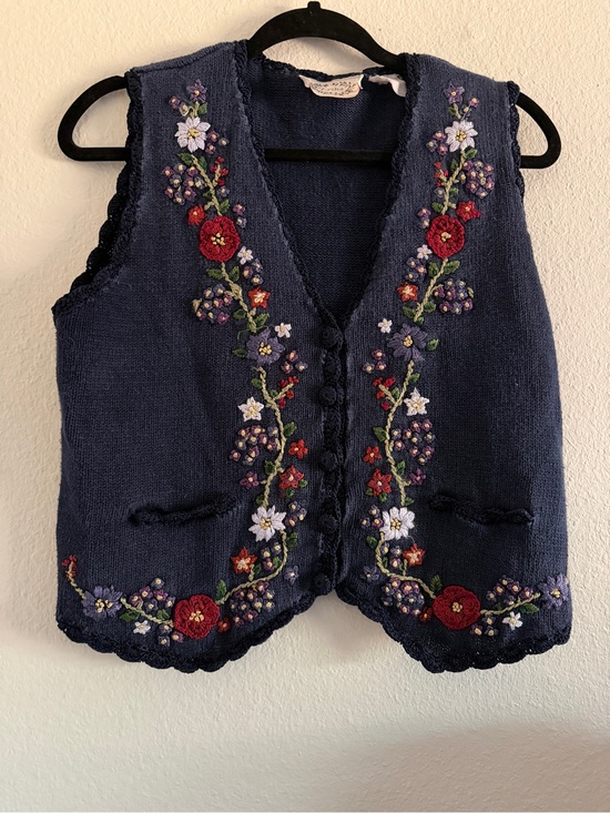 Erika Jackets & Blazers - Vintage Erika Vest Navy Blue Embroidered Floral Cottage Core Grandma Core M/L